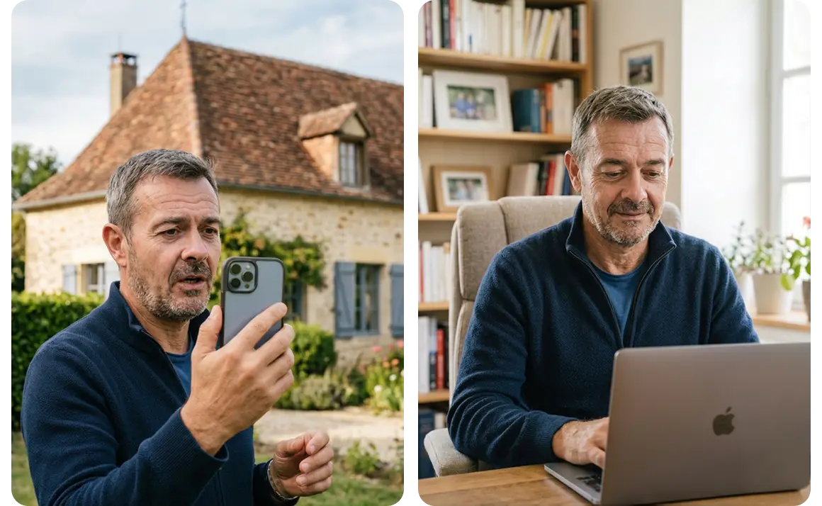 Le même artisan dicte dans son téléphone devant une maison en pierre, puis reprend son dossier sur un ordinateur portable au bureau